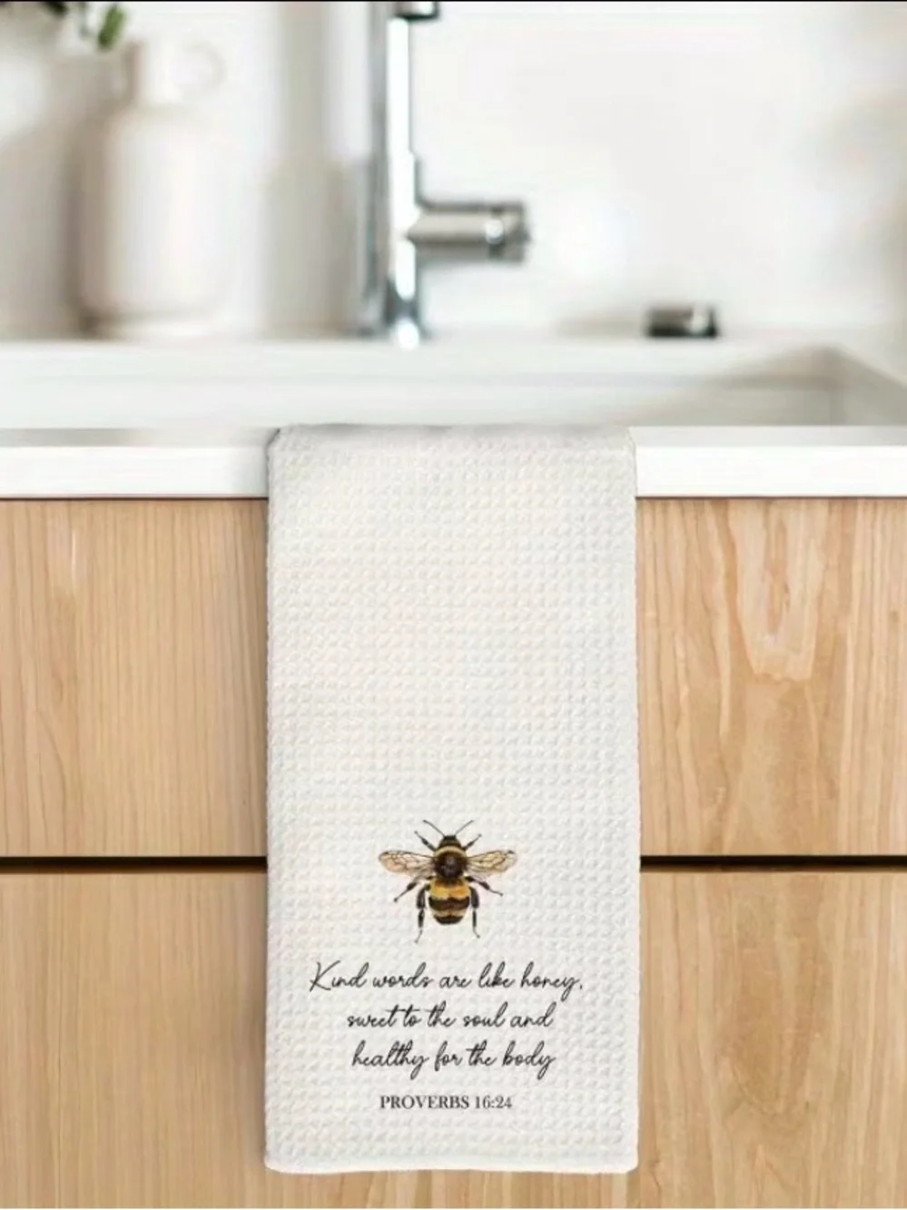Bee Print Kitchen Towel - White with Yellow Bee & Proverbs Quote